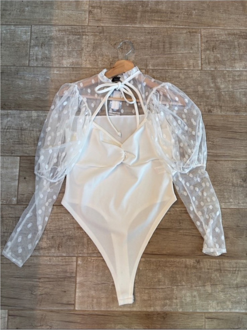 Boohoo Bodysuit With Sheer Polka Dot Mesh Puff Sleeves- NWT